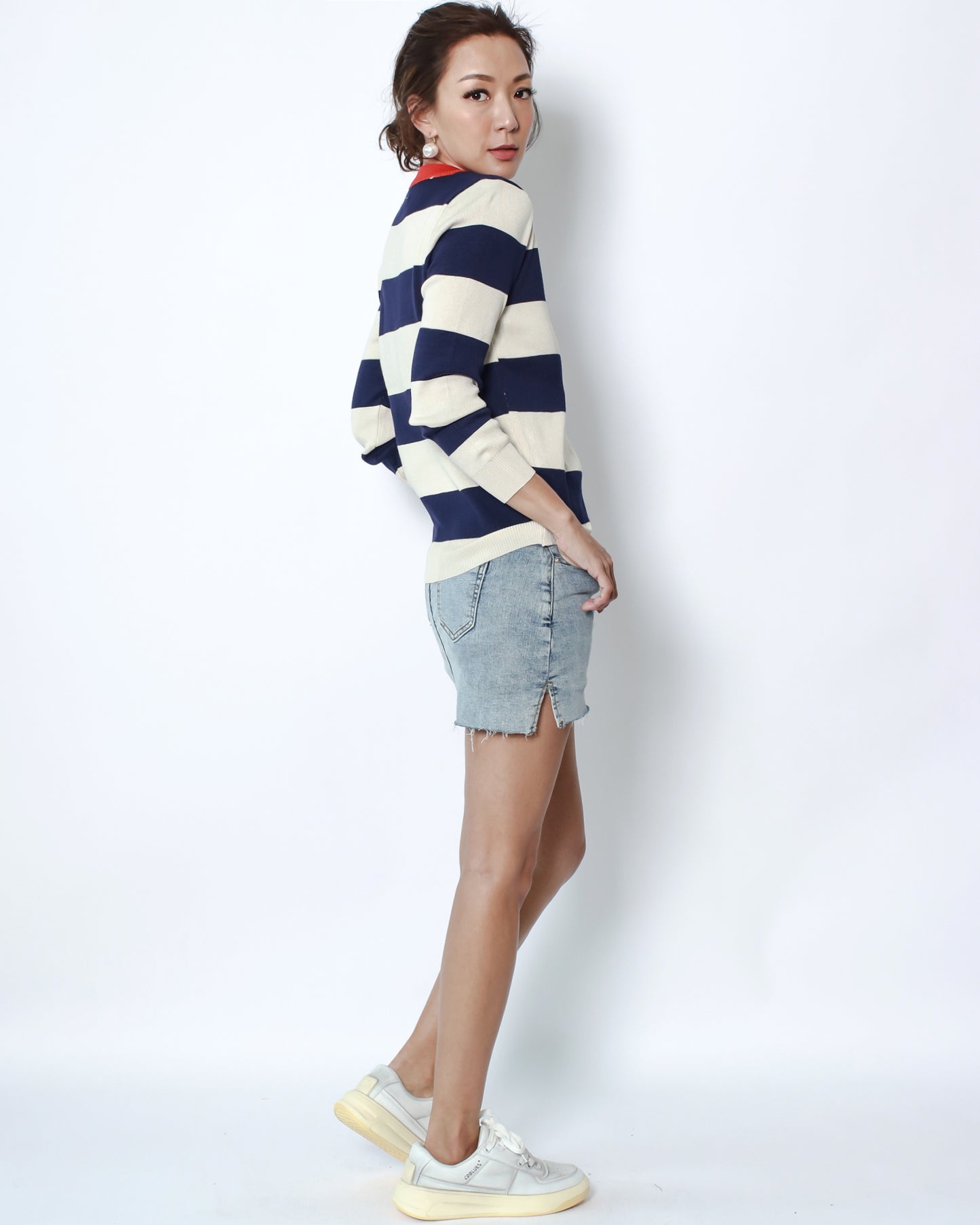 beige & navy stripes with red neckline knitted top *pre-order*