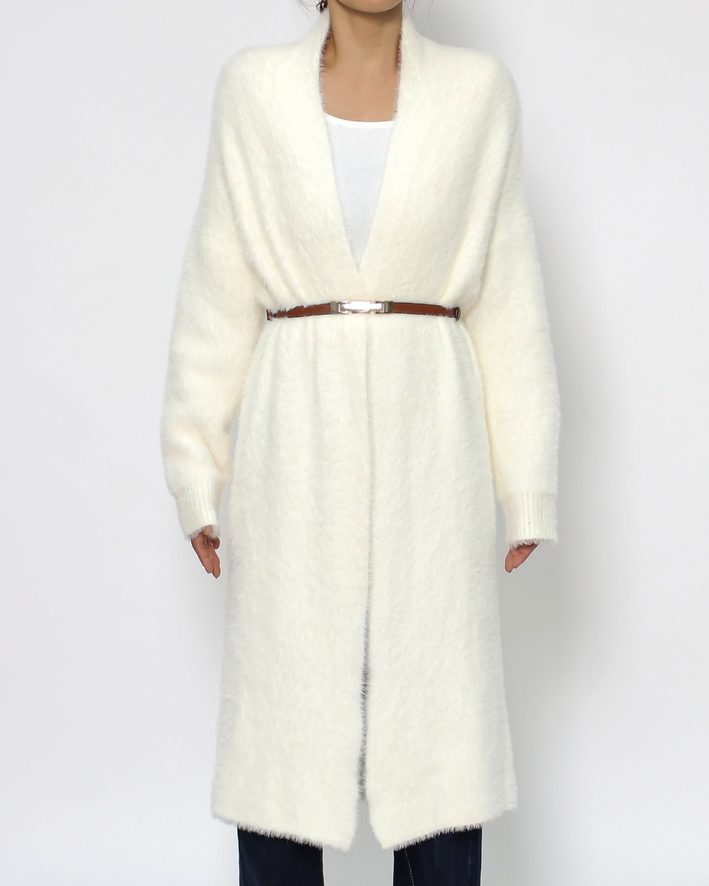 ivory fluffy knitted longline cardigan w/ belt *pre-order*