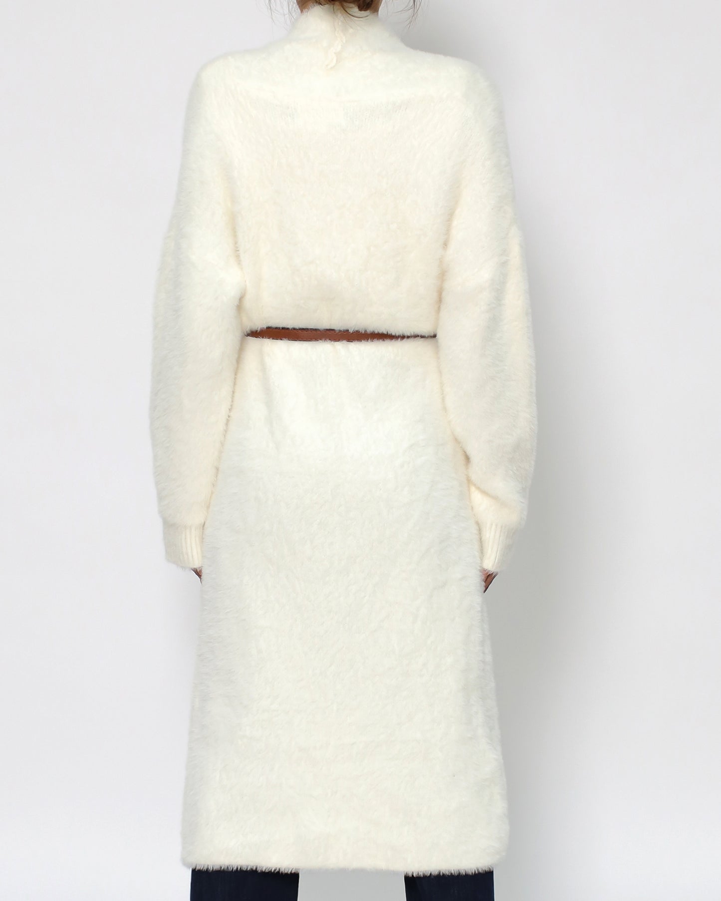 ivory fluffy knitted longline cardigan w/ belt *pre-order*