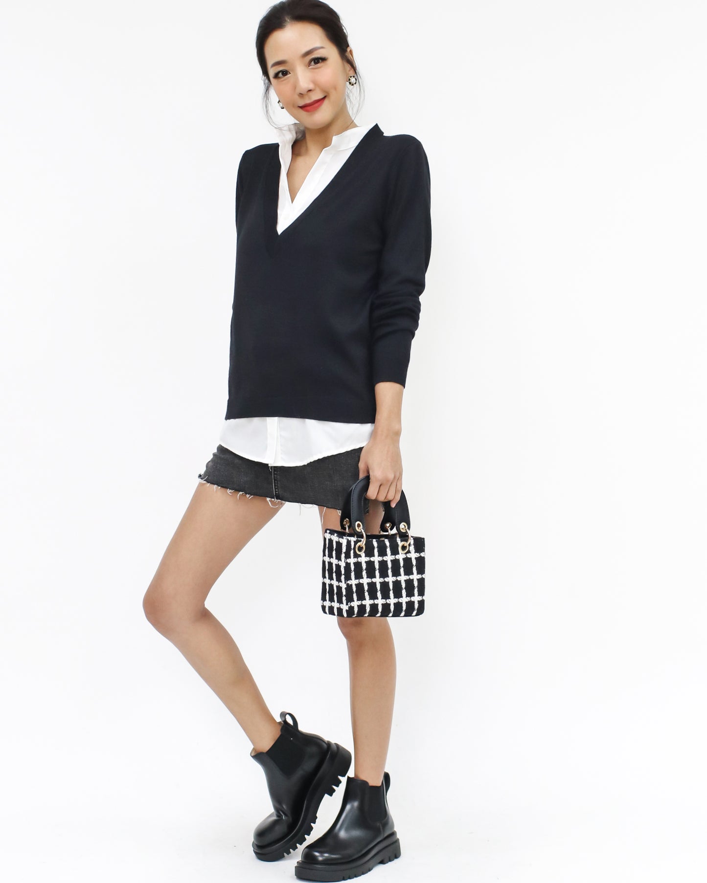 black knitted & ivory shirt layer top *pre-order*