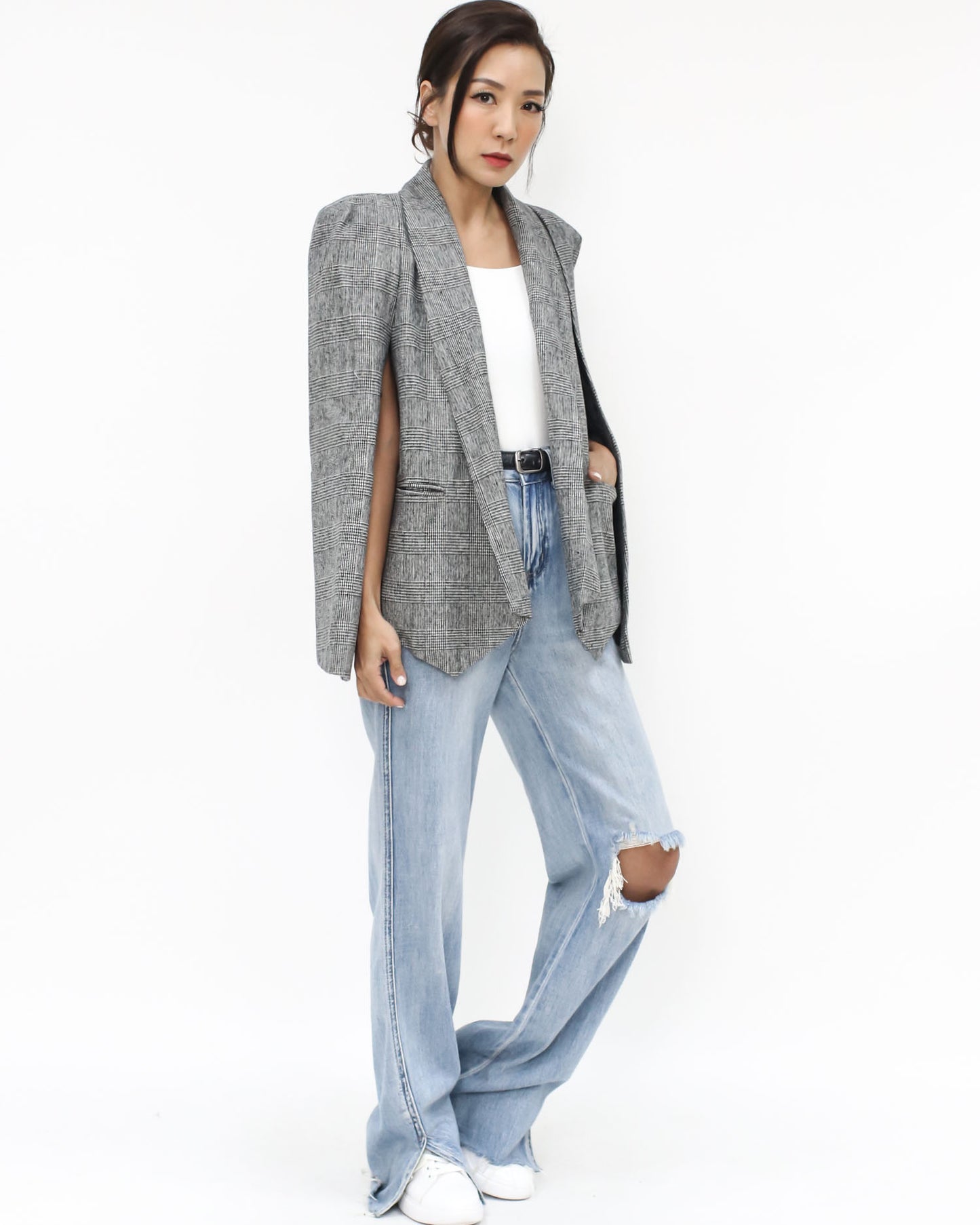 grey checkers wool blended cape blazer *pre-order*