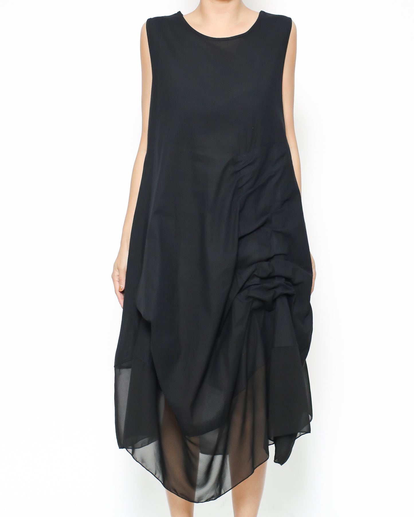 black linen & mesh ruched asymmetric hem dress *pre-order*