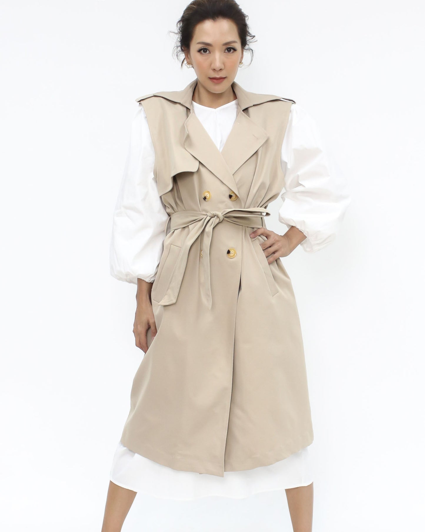 beige vest trench coat w/ ivory shirt dress *pre-order*