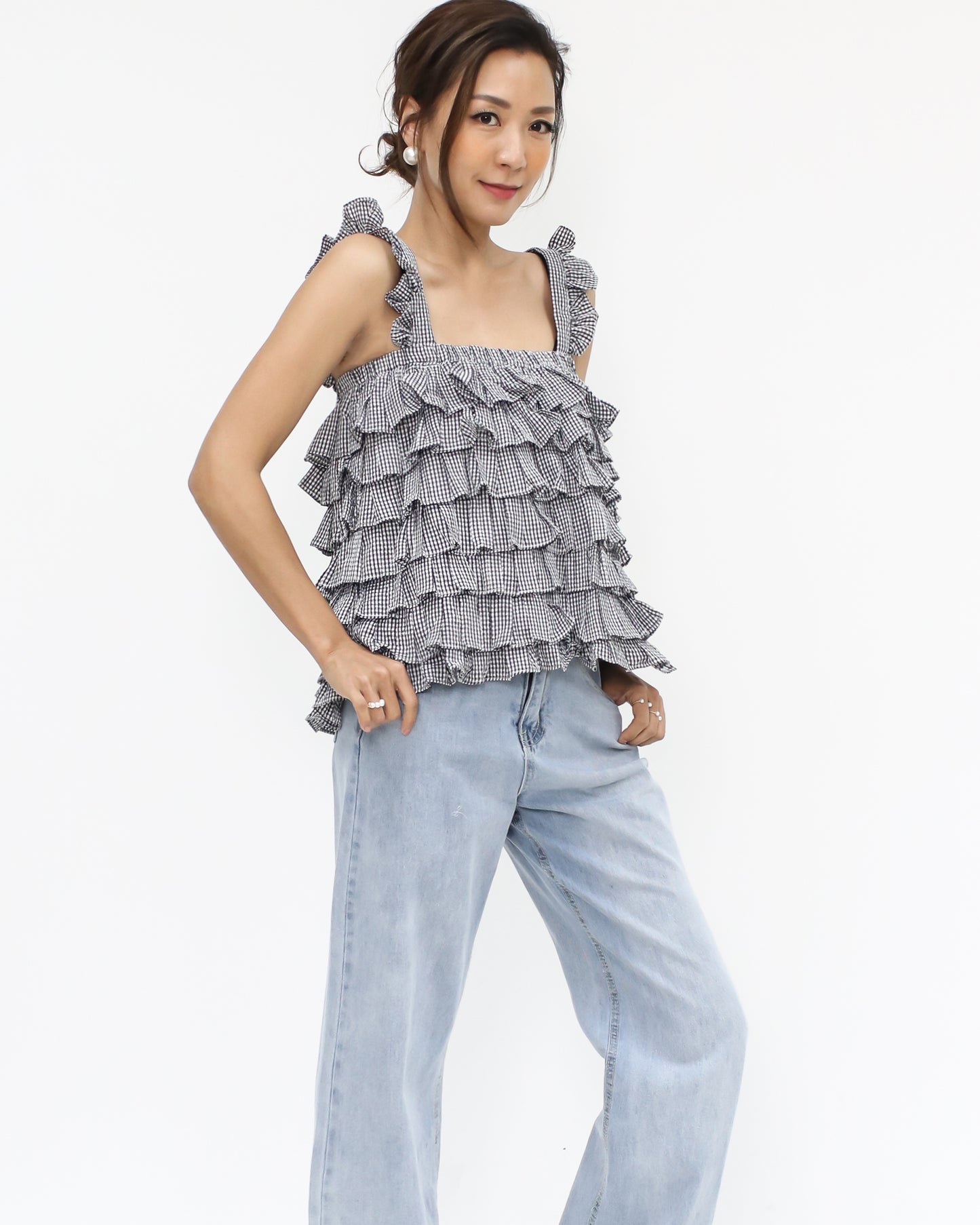 black & ivory gingham ruffles tiers vest *pre-order*