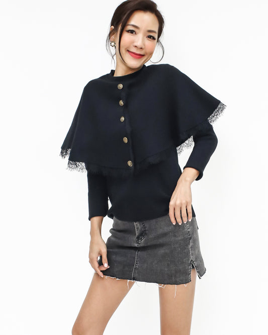 black poncho lace trim knitted top *pre-order*