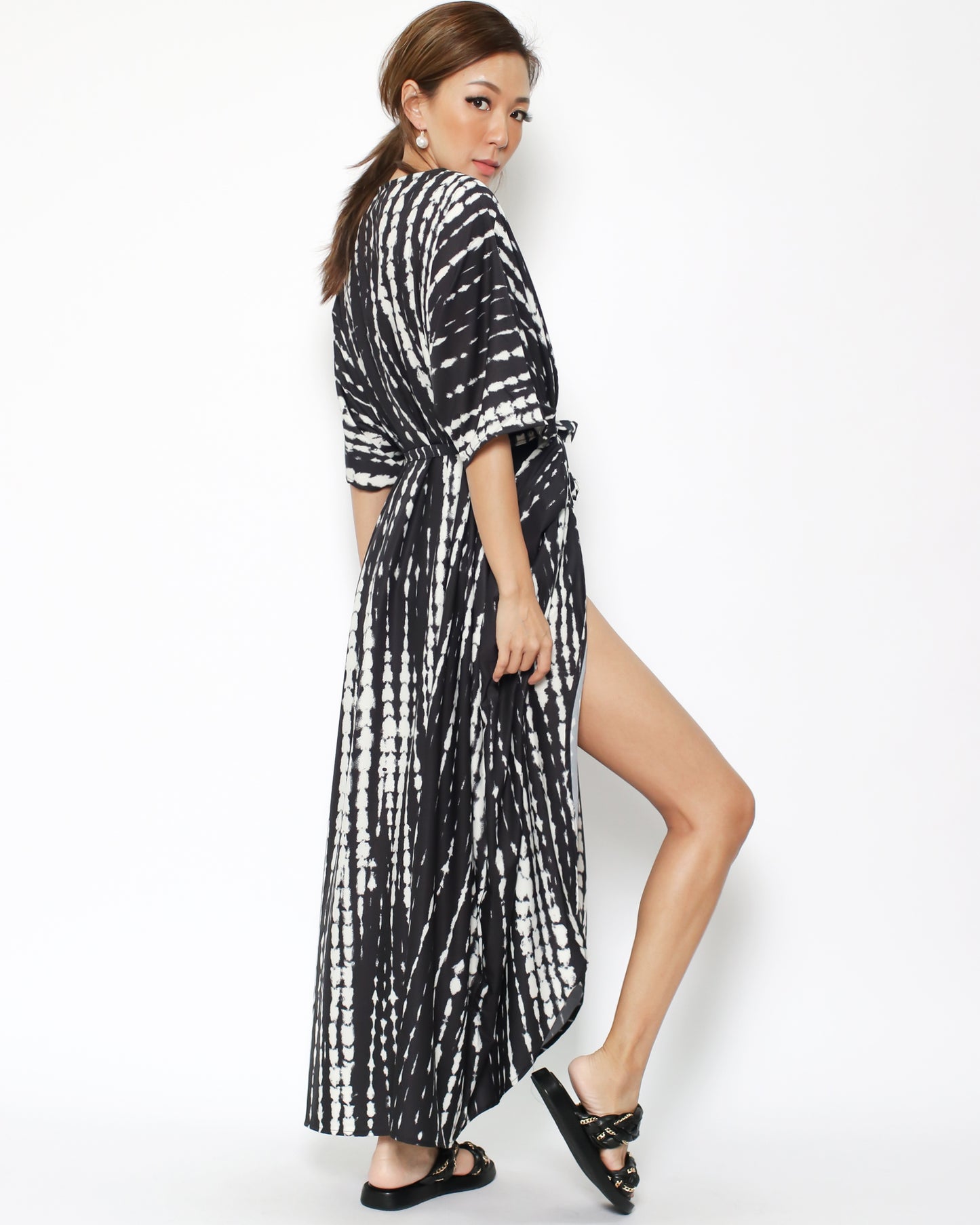 black printed longline kimono cover up with tie-up *pre-order*