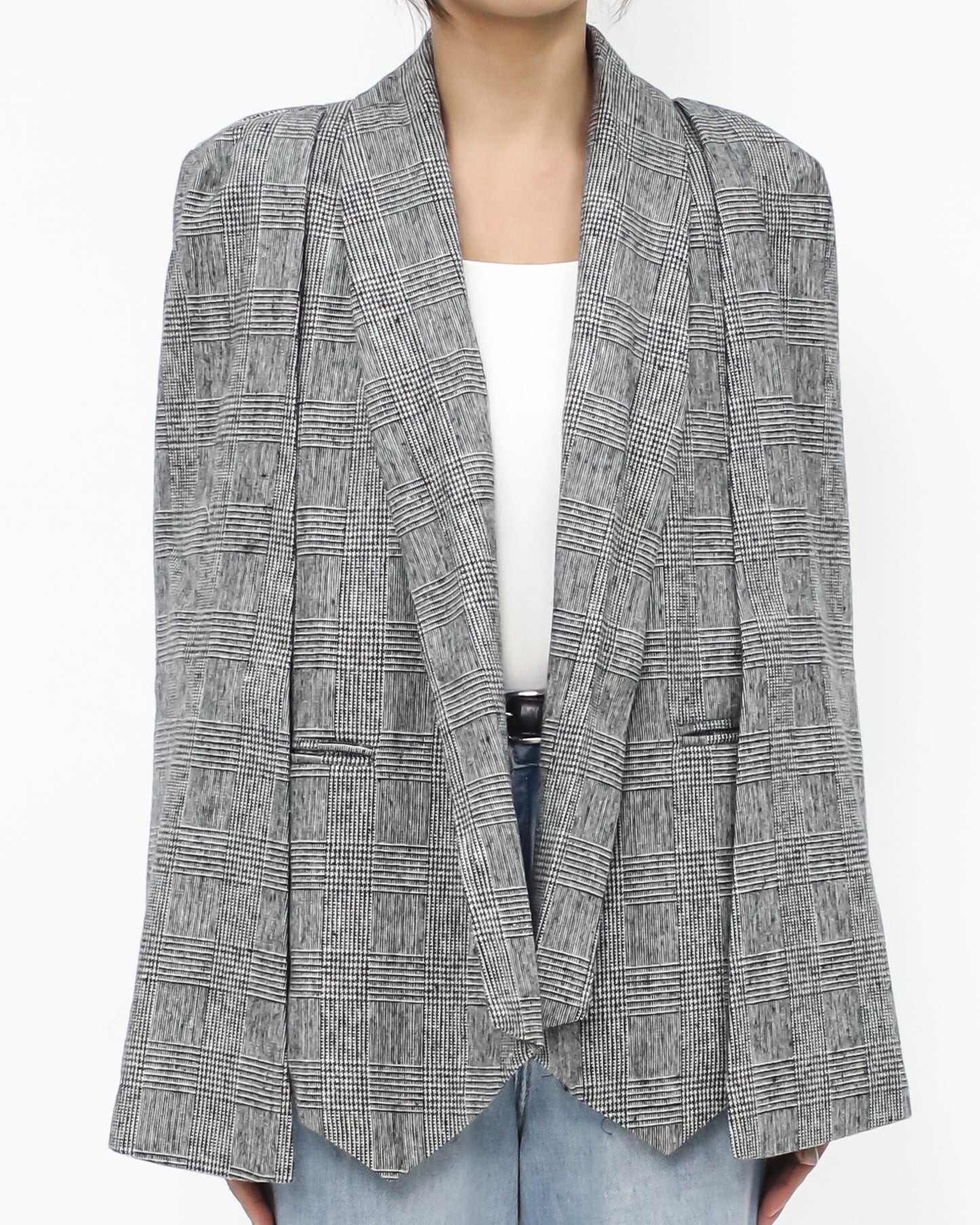 grey checkers wool blended cape blazer *pre-order*