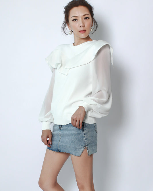 ivory fine knitted with ruffles & chiffon sleeves top *pre-order*