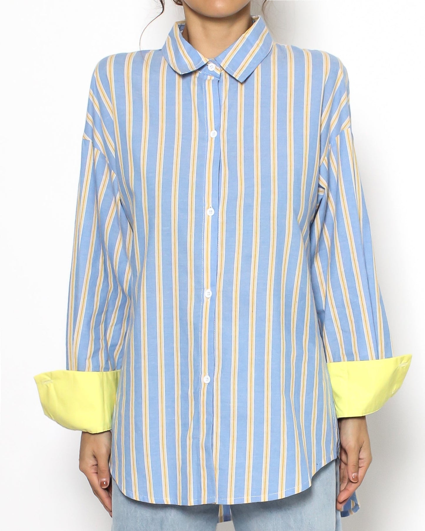 藍色和黃色條紋搭配亮黃色袖口襯衫 *預購*
