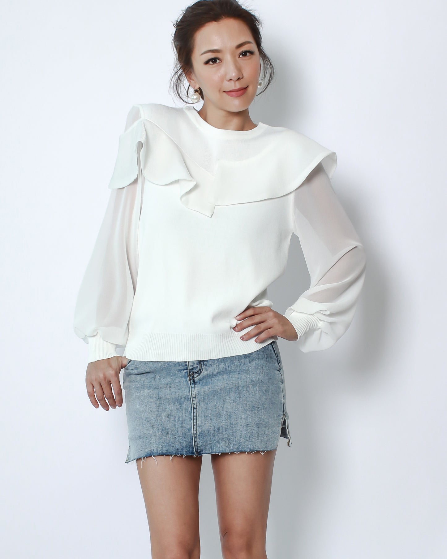 ivory fine knitted with ruffles & chiffon sleeves top *pre-order*