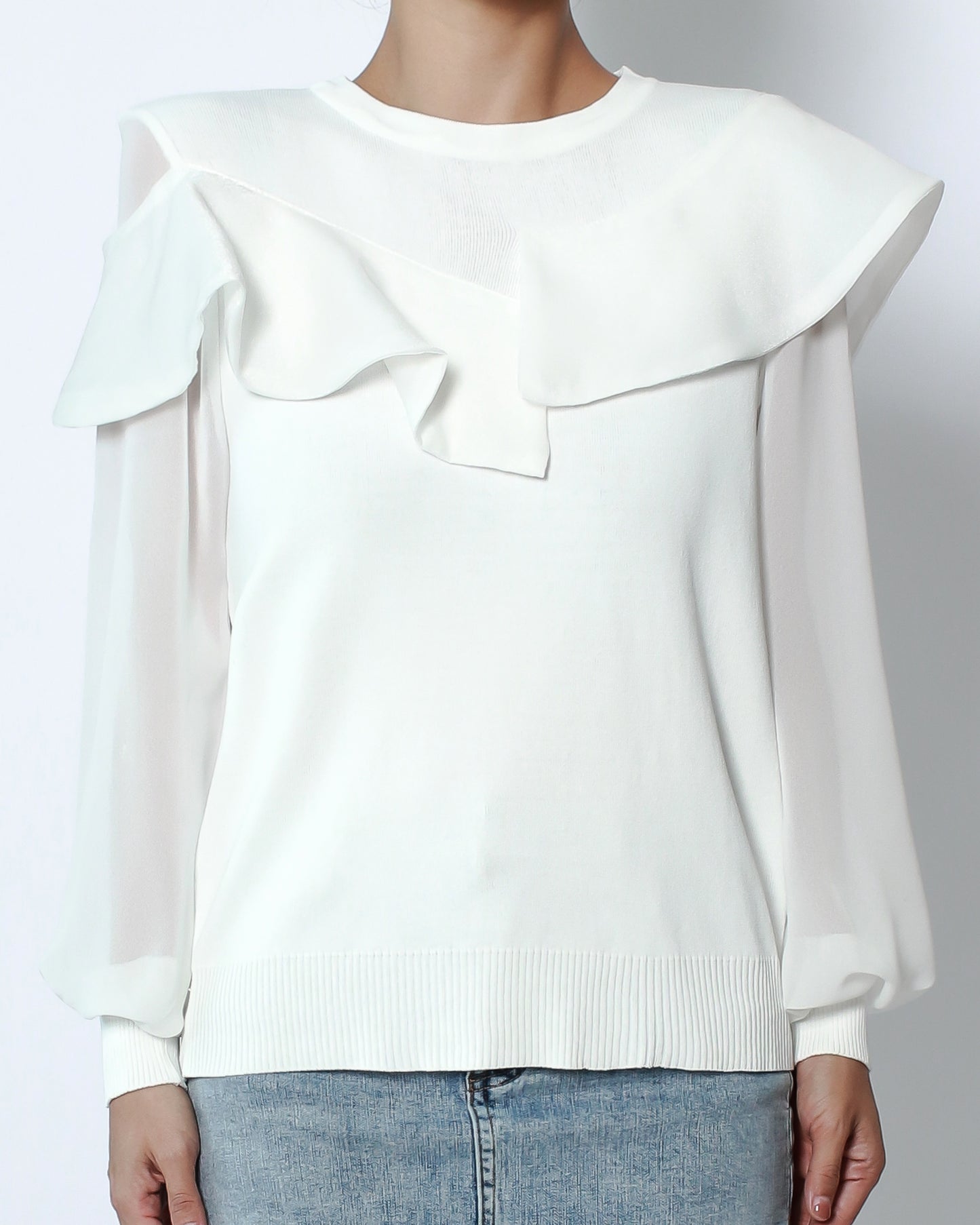 ivory fine knitted with ruffles & chiffon sleeves top *pre-order*