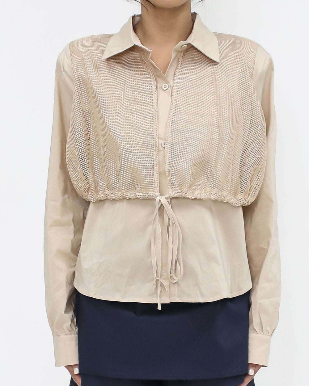 beige & net layer shoulder pads shirt