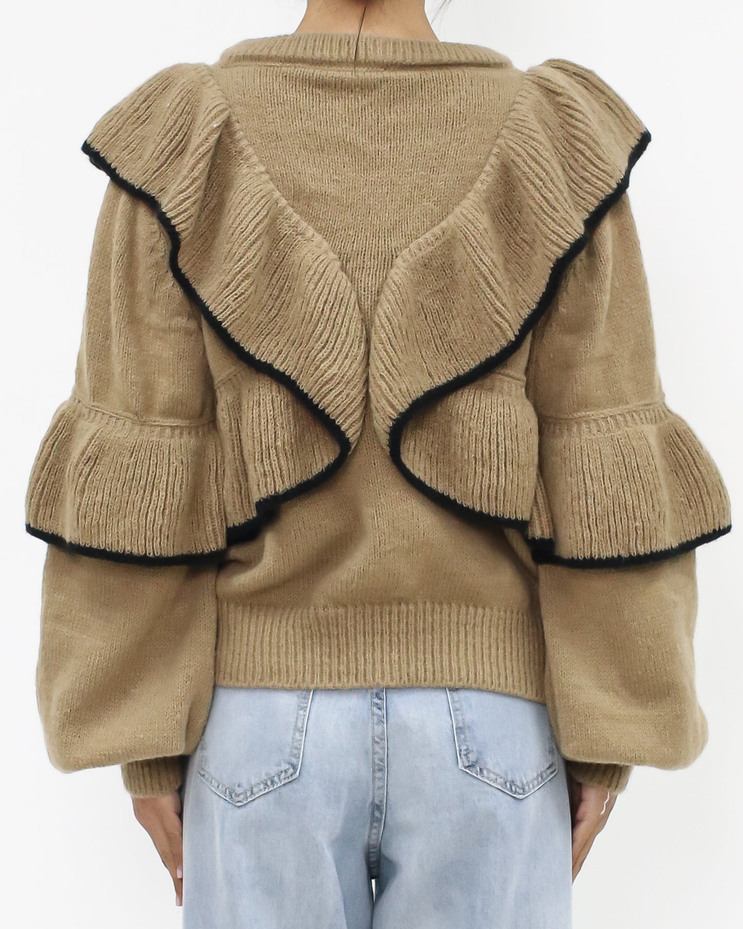 beige & black trim ruffles knitted cardigan *pre-order*