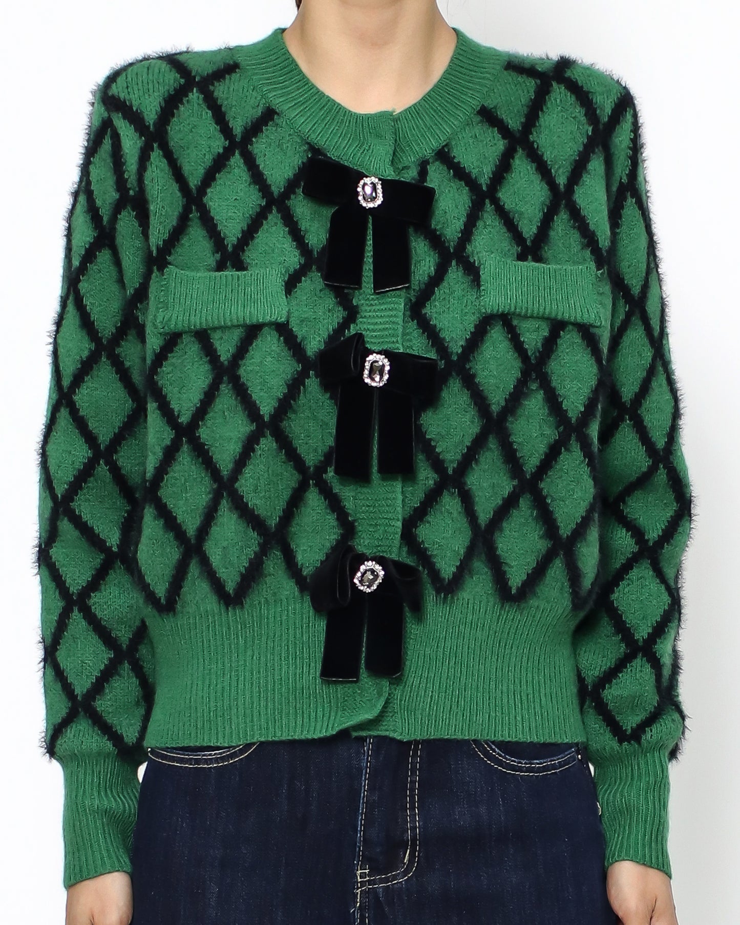 green checkers bows knitted cardigan *pre-order*