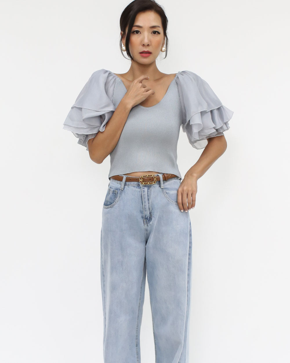 grey blue knitted mesh ruffles cropped top *pre-order*