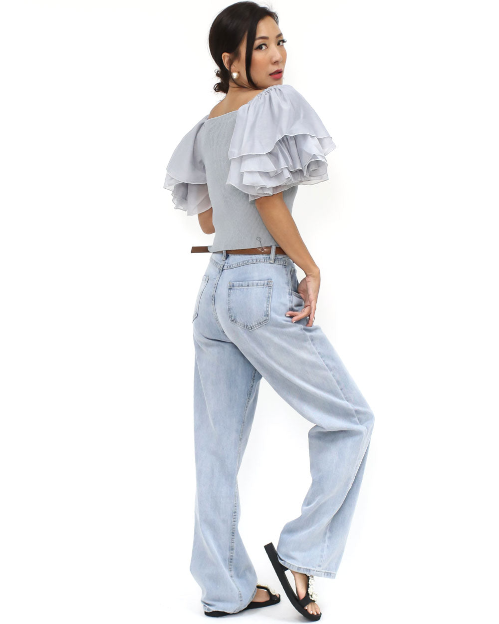 grey blue knitted mesh ruffles cropped top *pre-order*