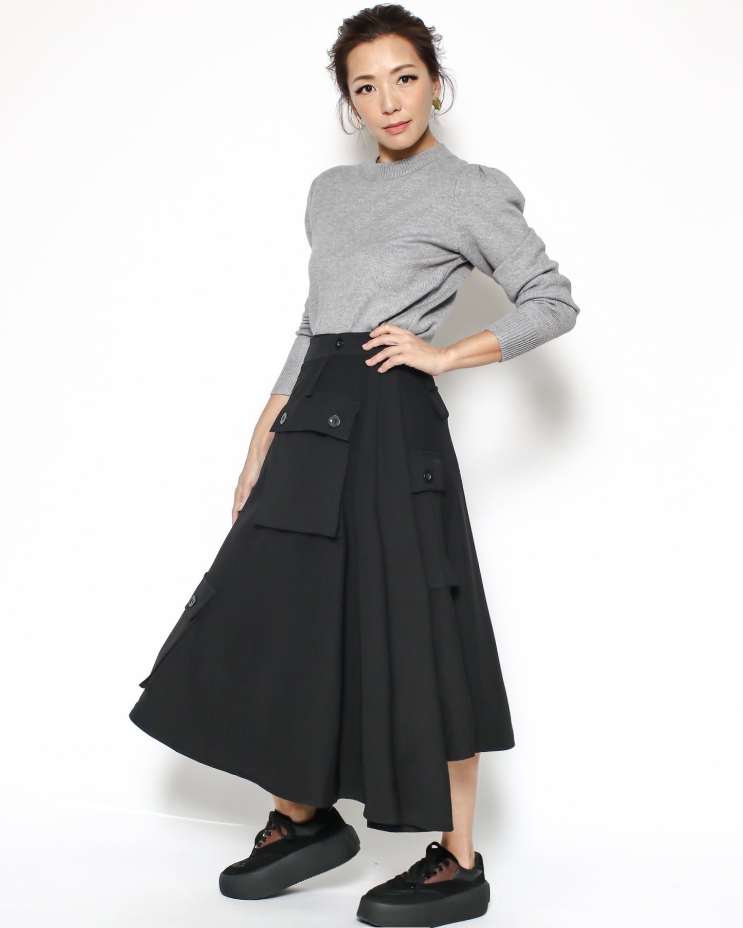 black pockets wrap asymmetric skirt - S