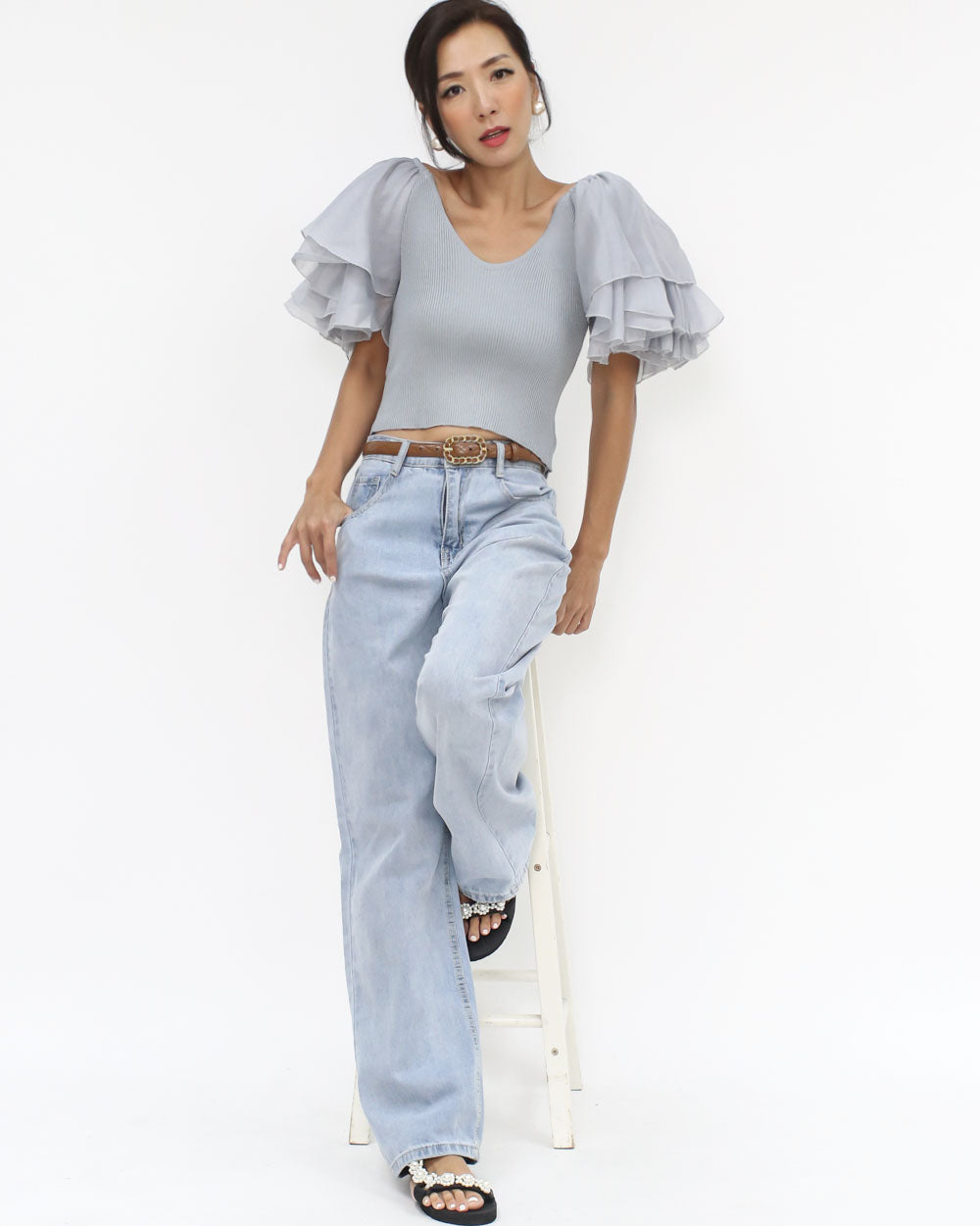grey blue knitted mesh ruffles cropped top *pre-order*