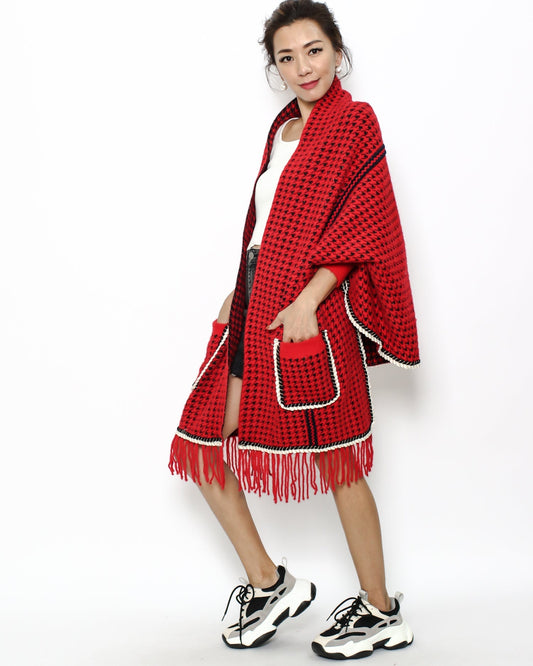 ReD checkers knitted tassels poncho