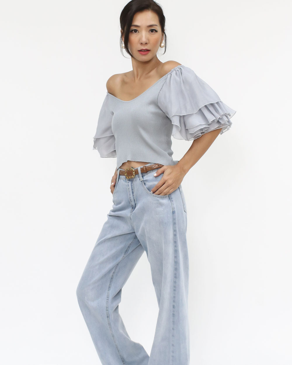 grey blue knitted mesh ruffles cropped top *pre-order*