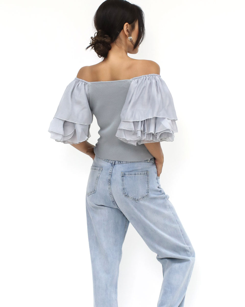 grey blue knitted mesh ruffles cropped top *pre-order*