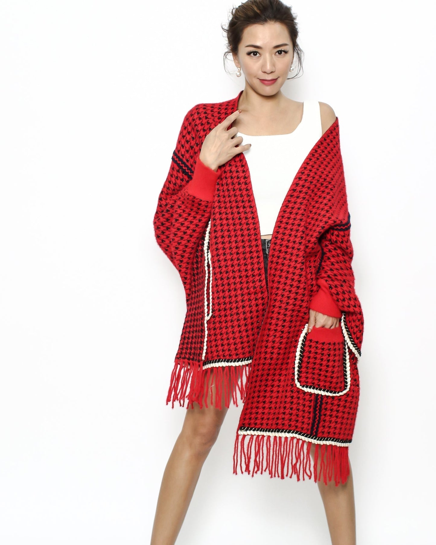 ReD checkers knitted tassels poncho