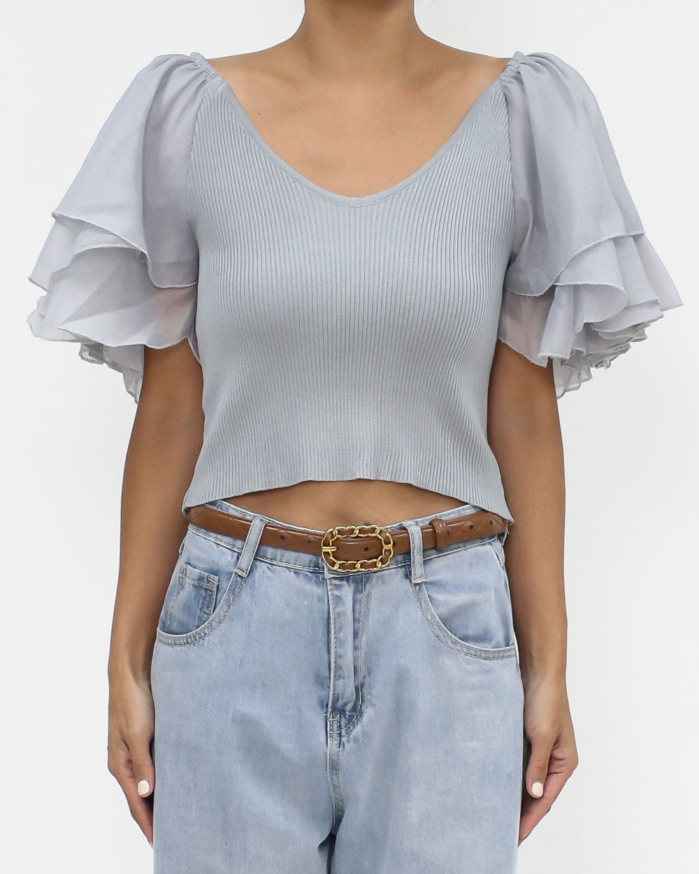 grey blue knitted mesh ruffles cropped top *pre-order*