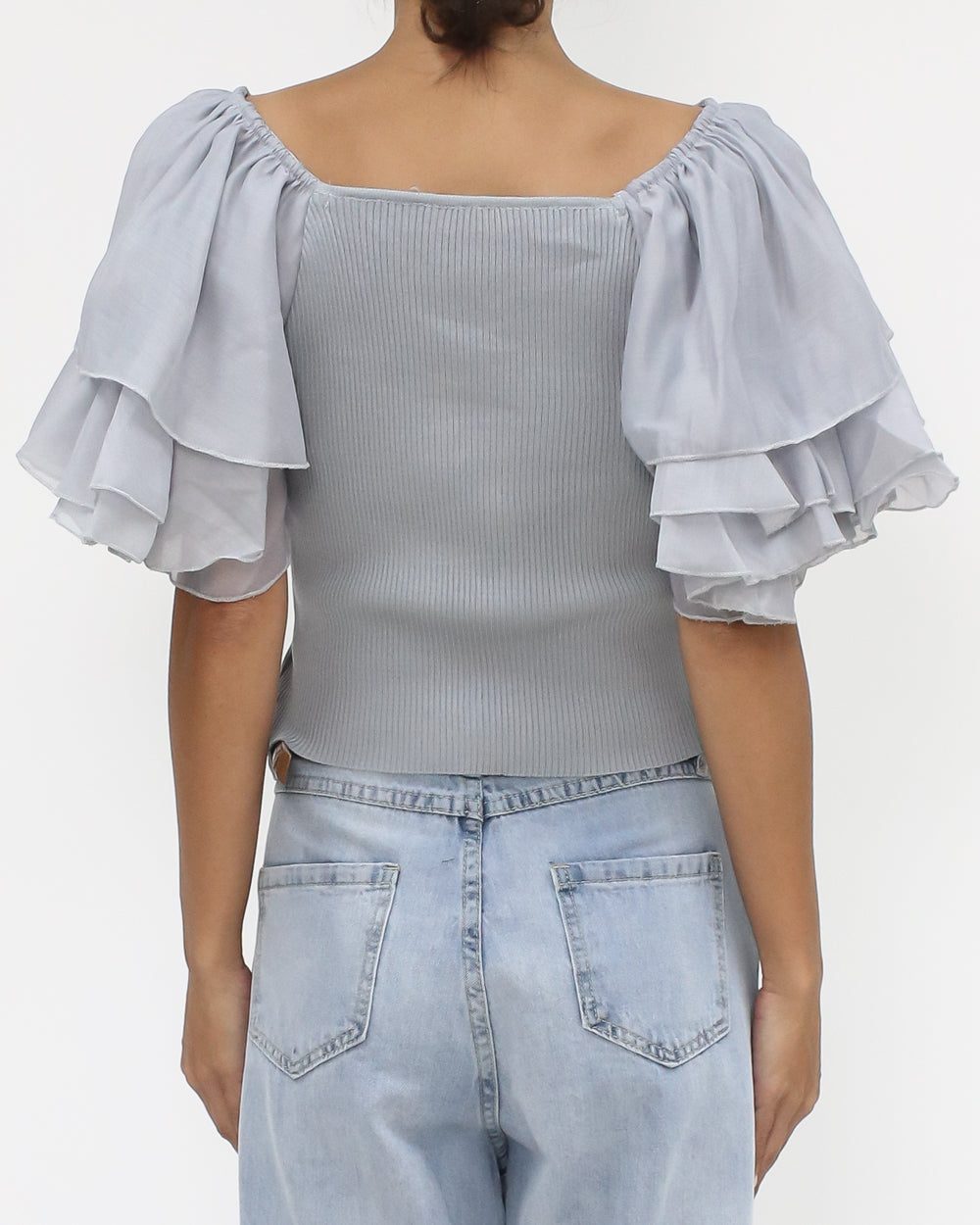 grey blue knitted mesh ruffles cropped top *pre-order*