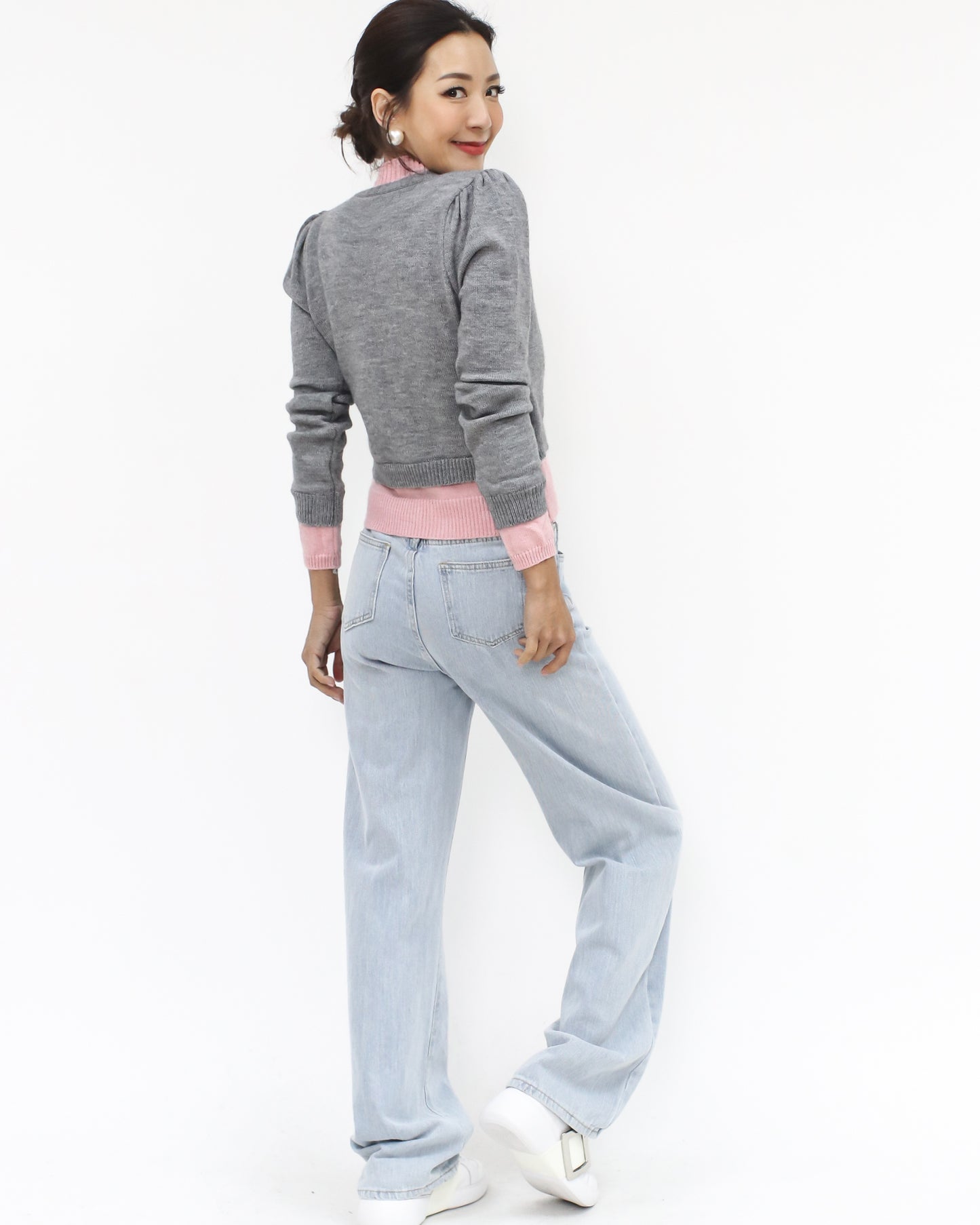 grey & pink layer knitted cardigan
