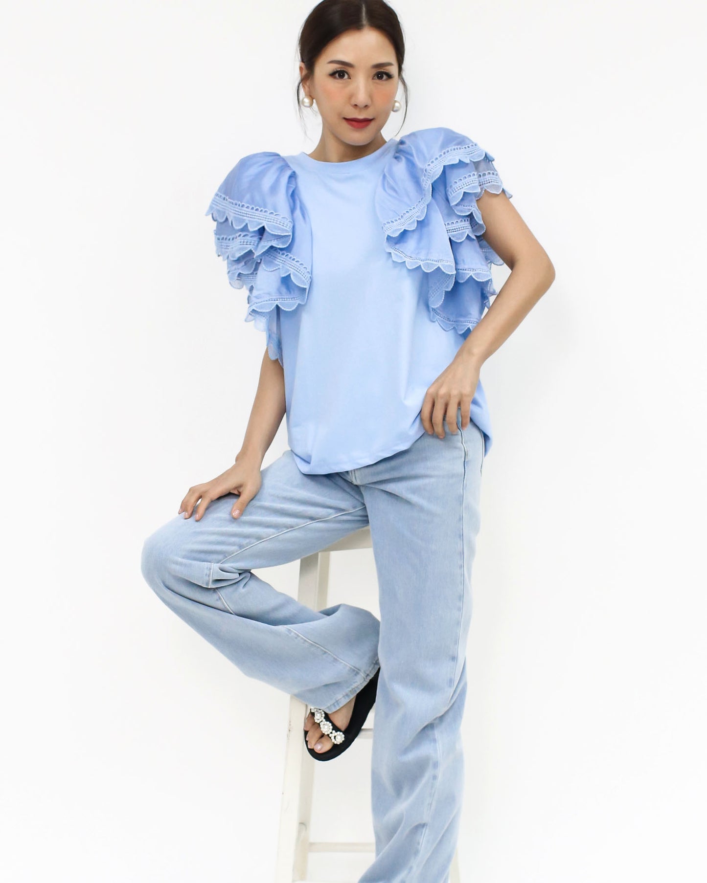 blue shirts lace trim ruffles shoulders tee