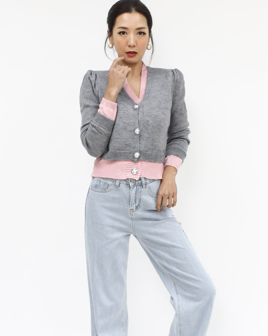 grey & pink layer knitted cardigan *pre-order*