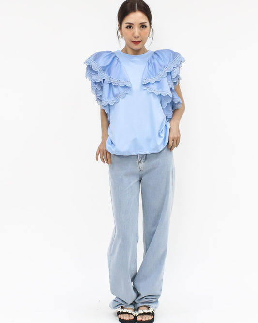 blue shirts lace trim ruffles shoulders tee