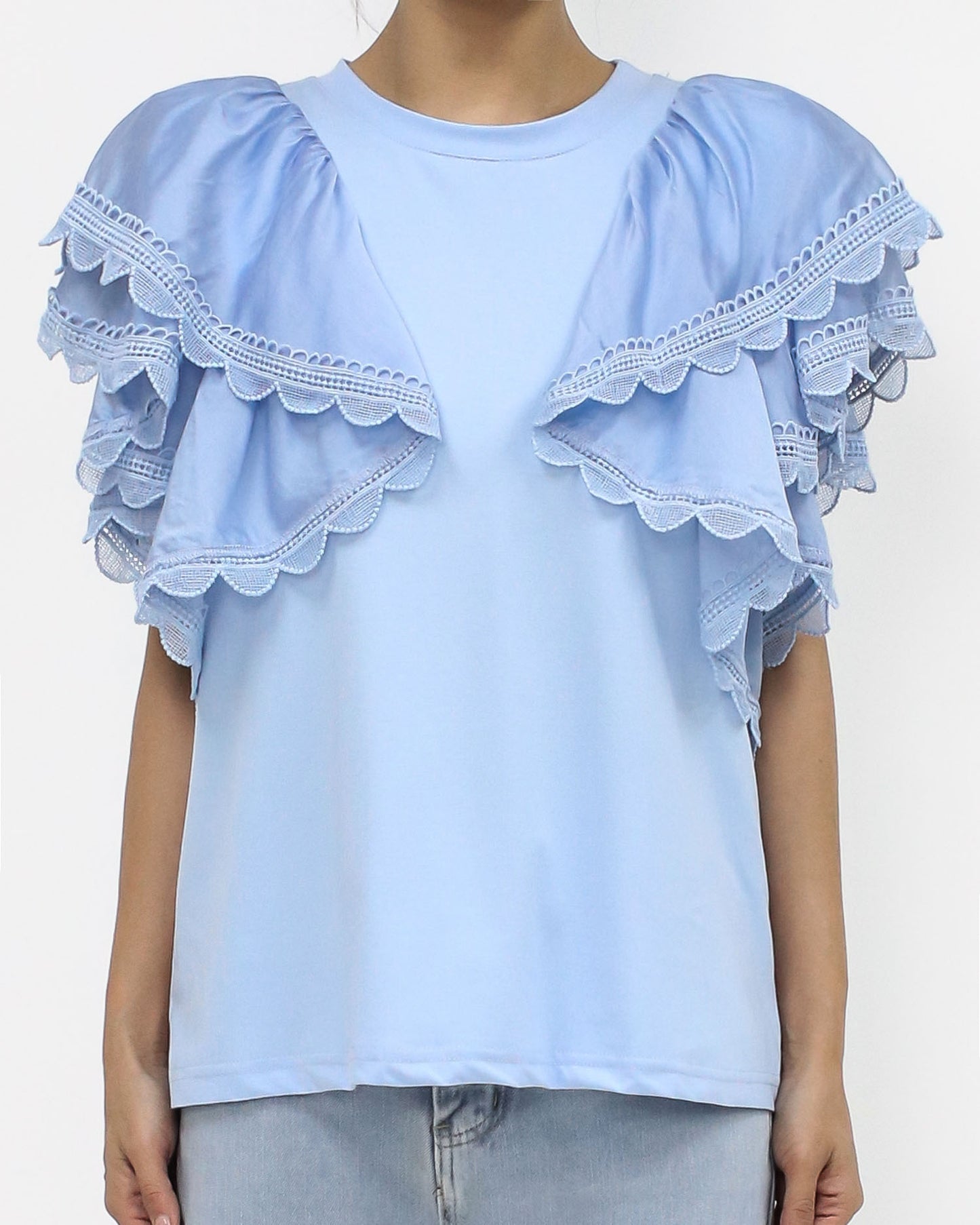 blue shirts lace trim ruffles shoulders tee