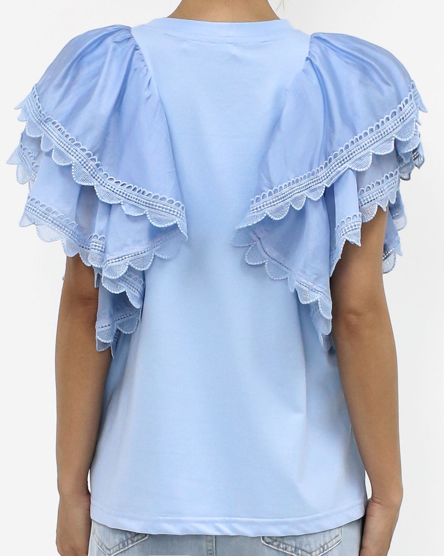 blue shirts lace trim ruffles shoulders tee