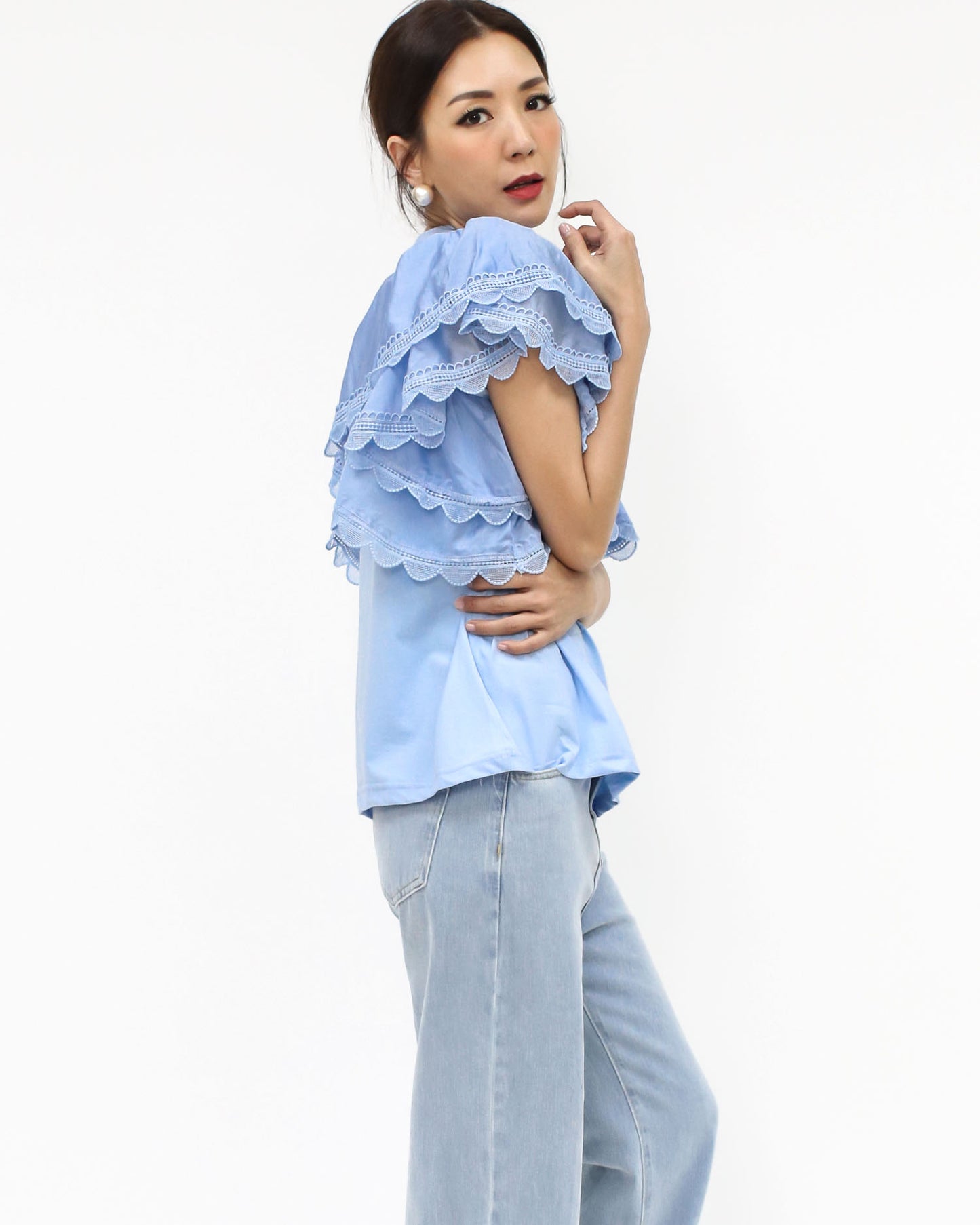 blue shirts lace trim ruffles shoulders tee