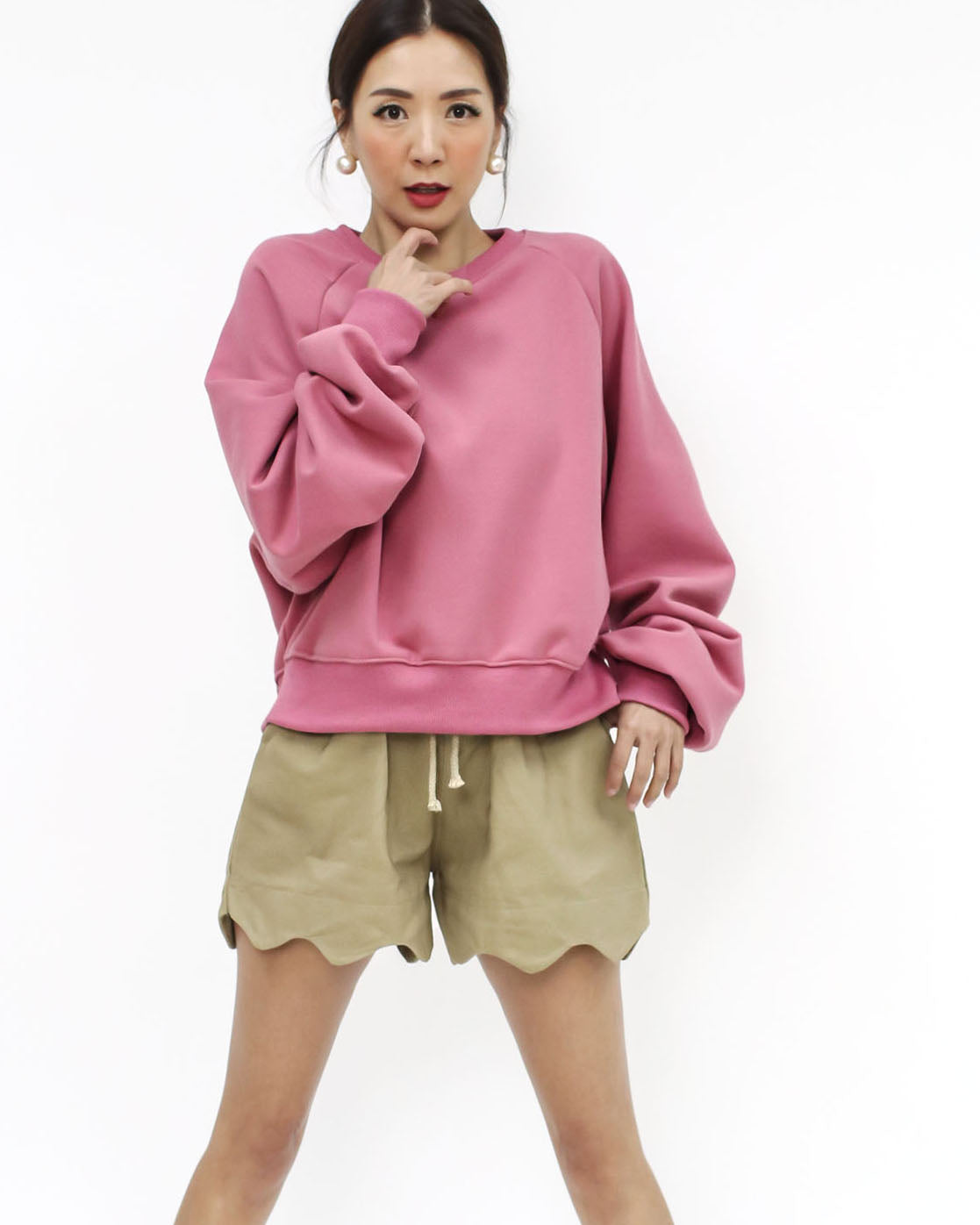 pink ruched sleeves fleece sweatshirt *ptr-order*