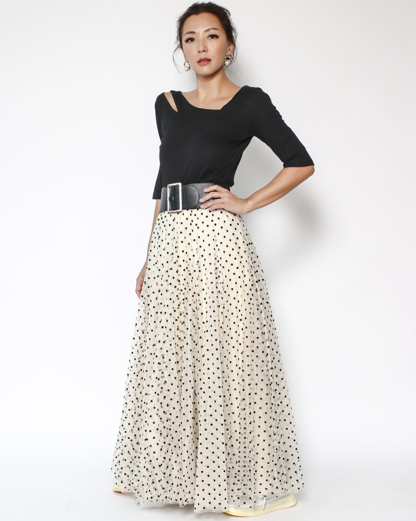 ivory polka dots mesh longline skirt *pre-order*