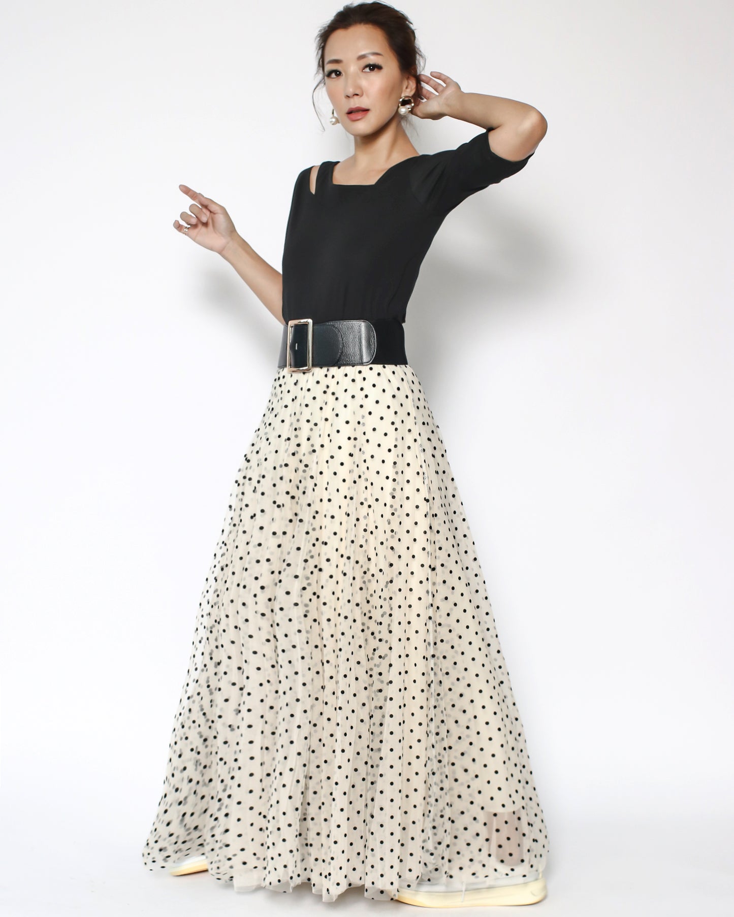 ivory polka dots mesh longline skirt *pre-order*