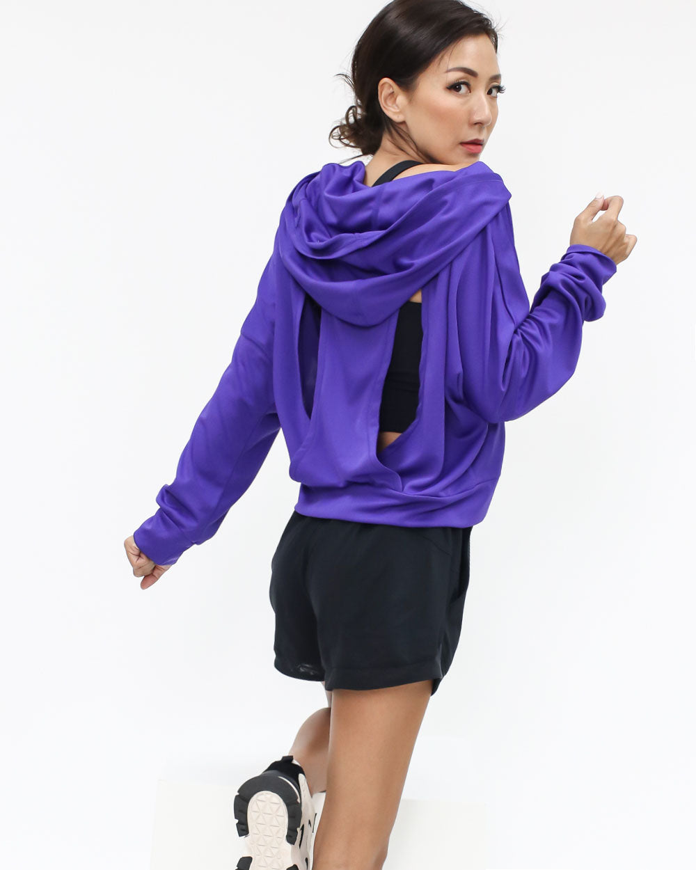 紫色鏤空後背連帽衫運動上衣 *預購*