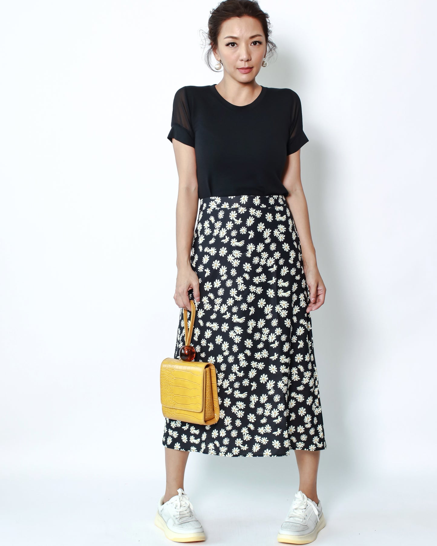 black daisy printed slinky longline skirt *pre-order*