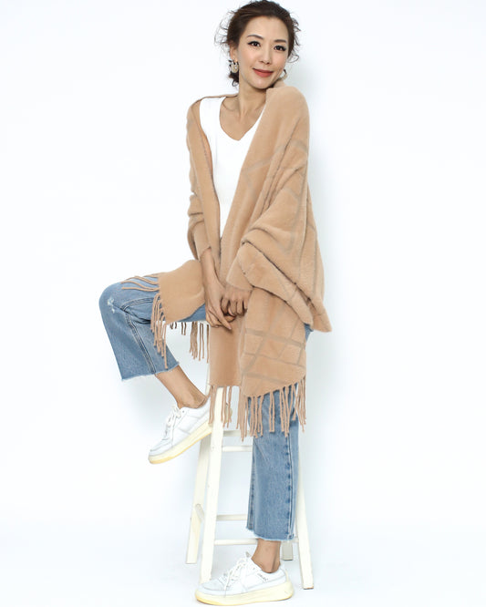 camel geo printed fluffy fringe arm warmer cardigan *pre-order*