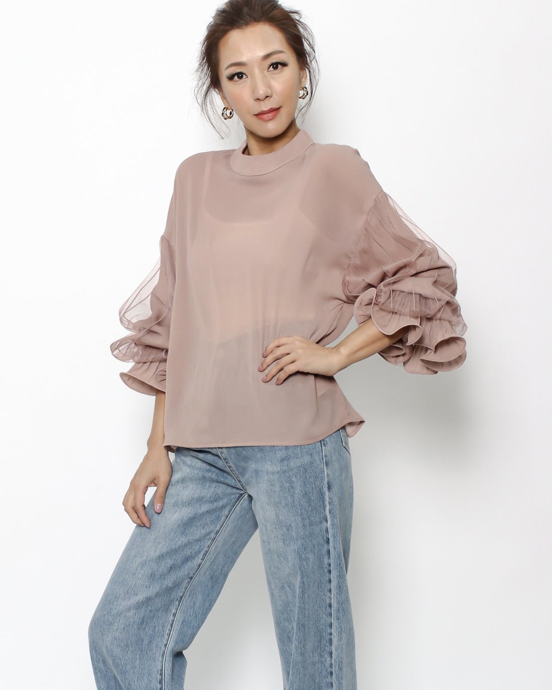 dusty pink mesh pleats sleeves sheer top *pre-order*