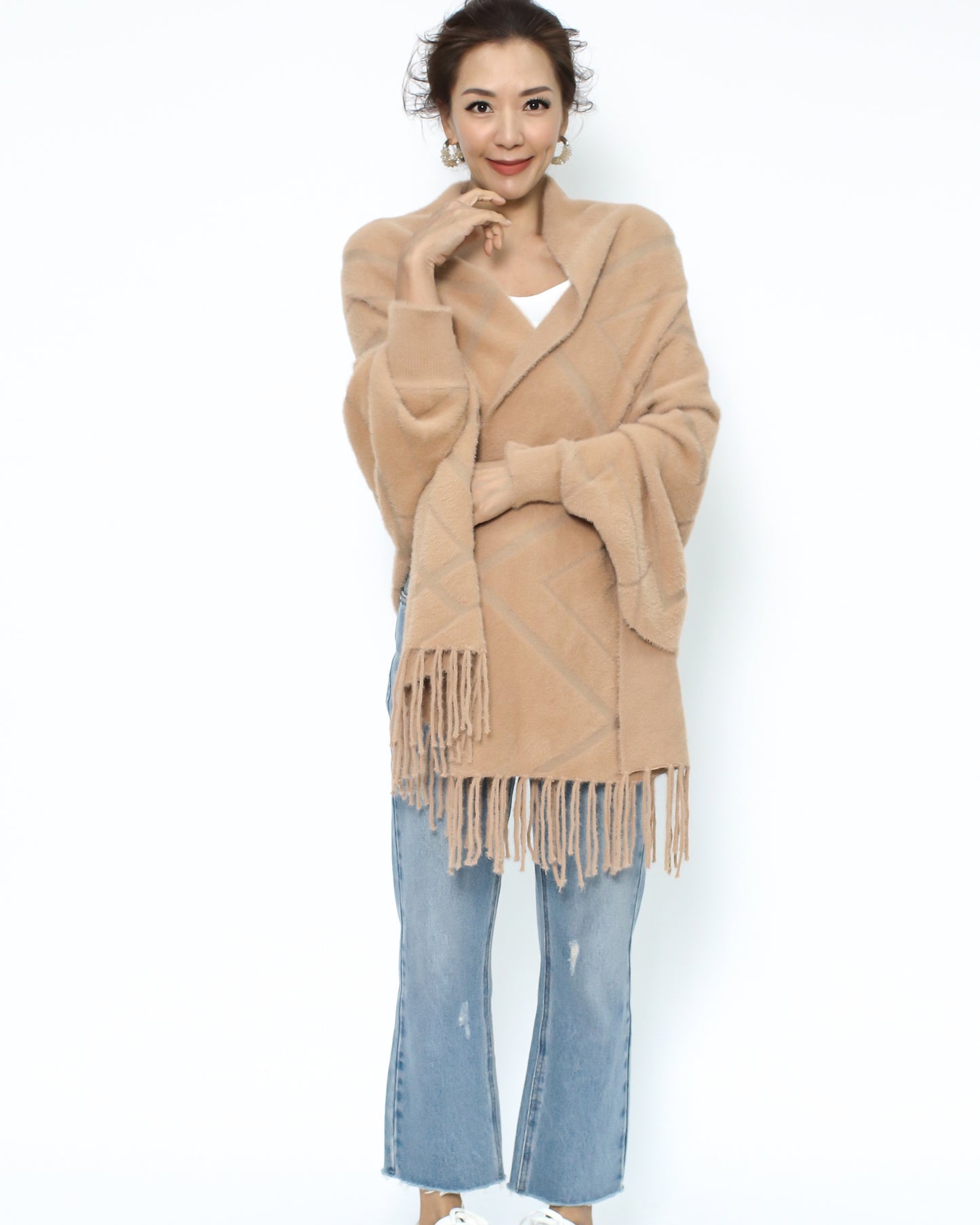 camel geo printed fluffy fringe arm warmer cardigan *pre-order*