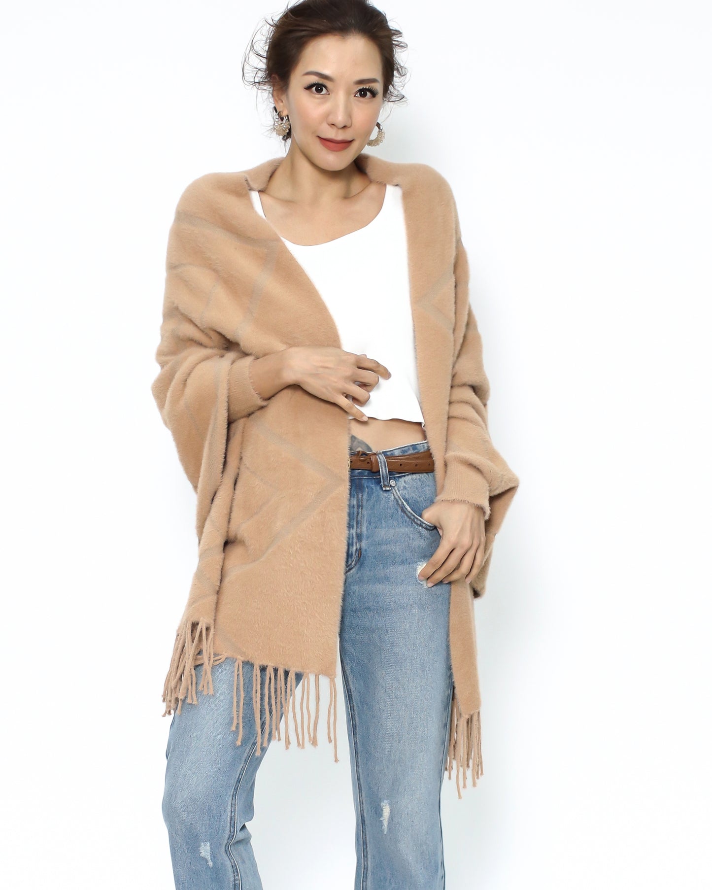 camel geo printed fluffy fringe arm warmer cardigan *pre-order*