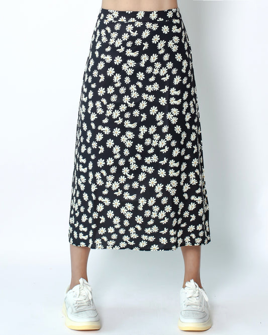 black daisy printed slinky longline skirt *pre-order*