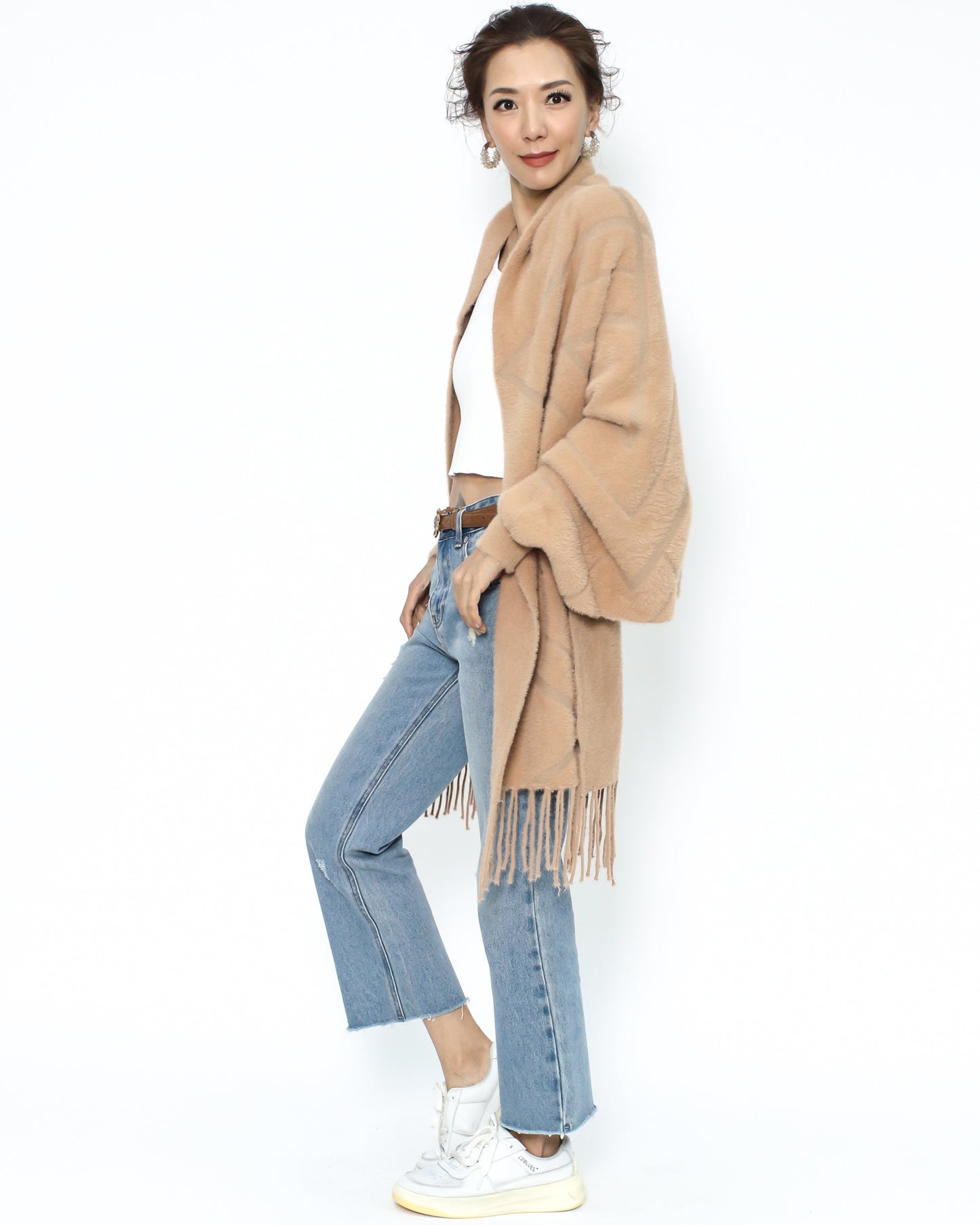 camel geo printed fluffy fringe arm warmer cardigan *pre-order*