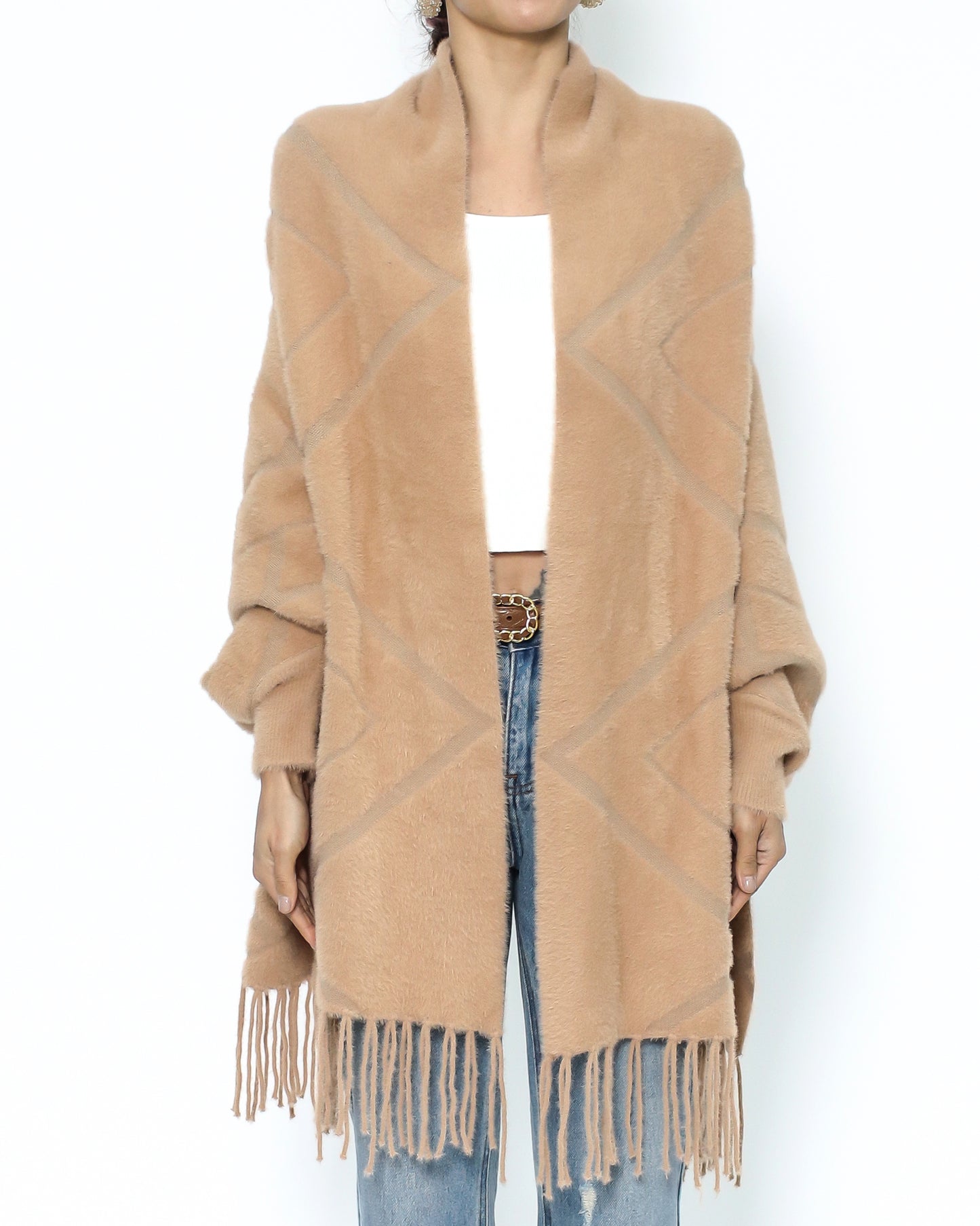 camel geo printed fluffy fringe arm warmer cardigan *pre-order*