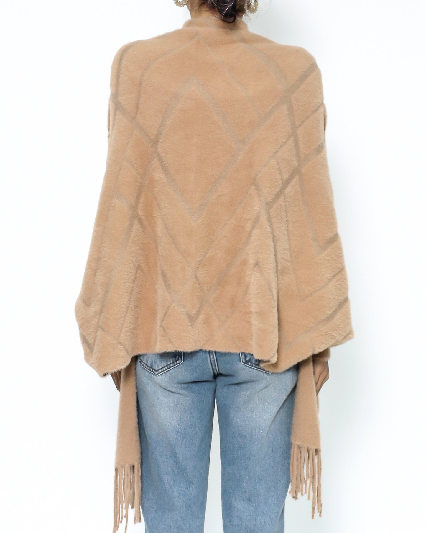 camel geo printed fluffy fringe arm warmer cardigan *pre-order*