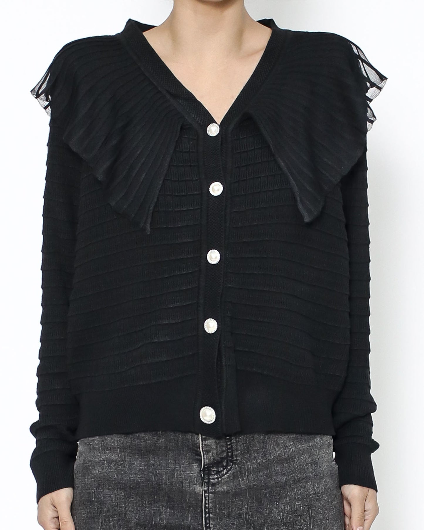 black mesh pleats collar knitted cardigan *pre-order*