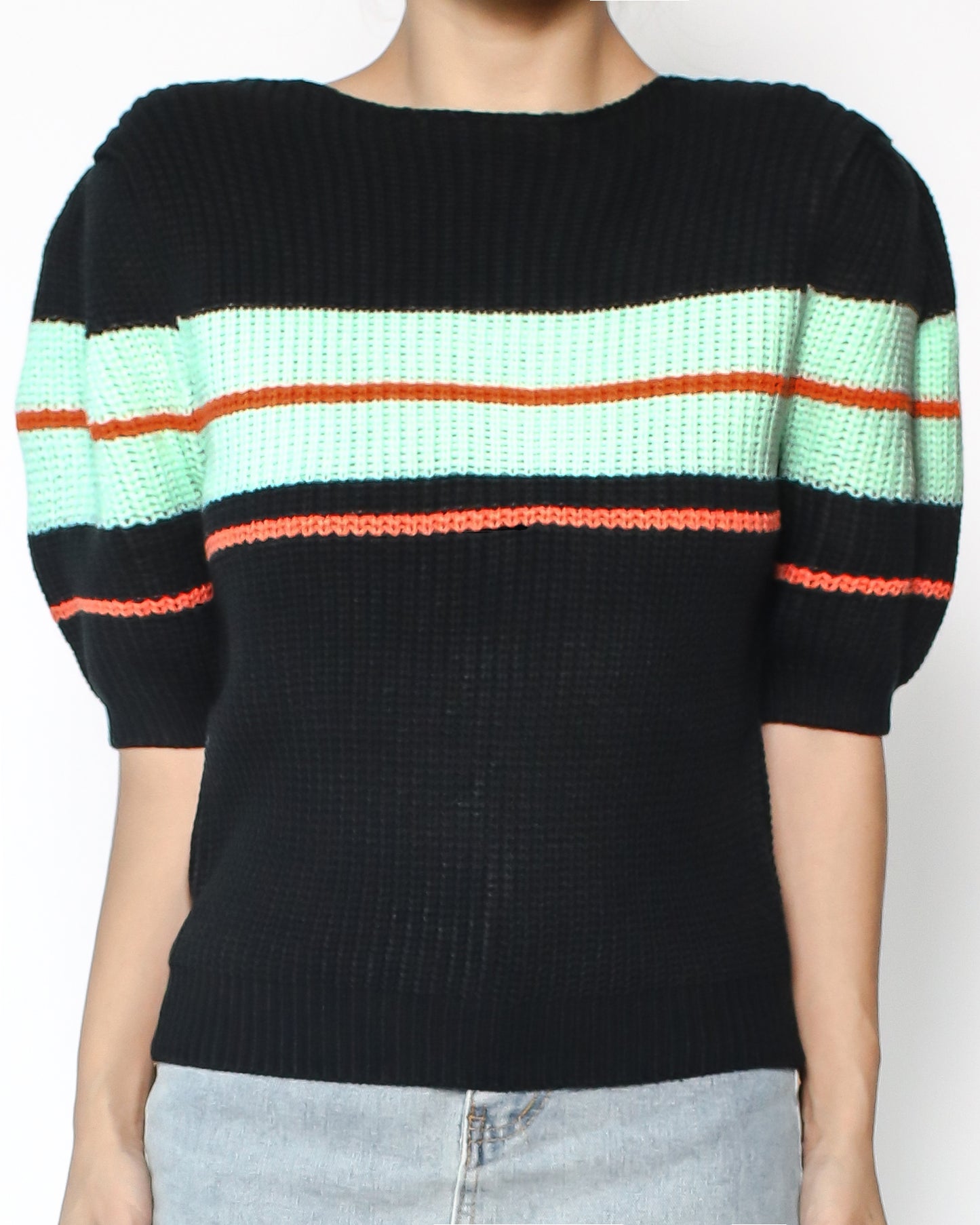 black & green stripe panel short sleeves knitted top *pre-order*
